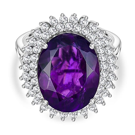 D'Joy African Amethyst & White Zircon Ring in Rhodium Overlay Sterling Silver 9.82 Ct.