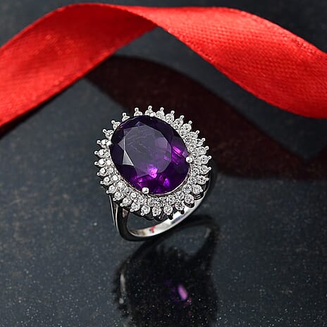 D'Joy African Amethyst & White Zircon Ring in Rhodium Overlay Sterling Silver 9.82 Ct.