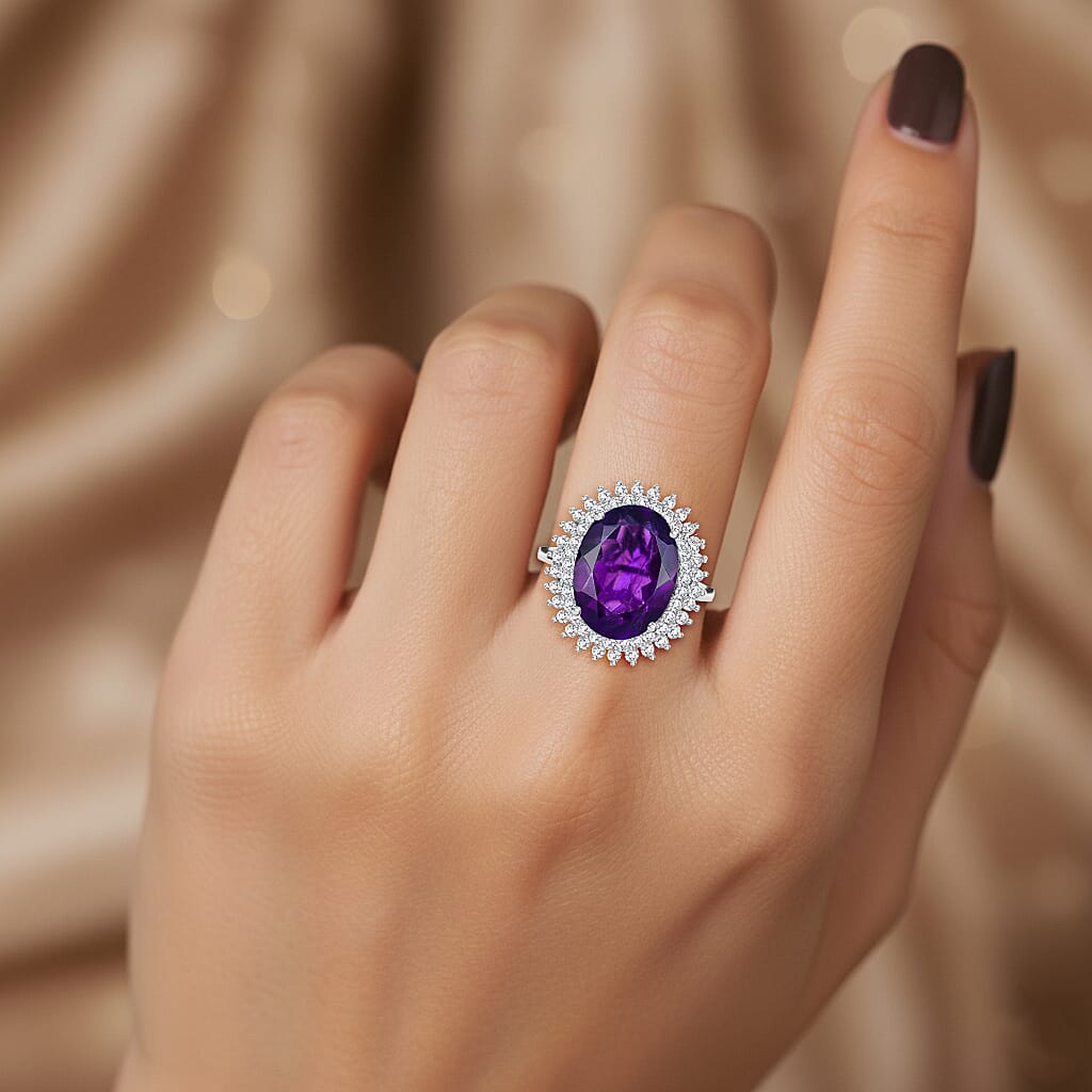 D'Joy African Amethyst & White Zircon Ring in Rhodium Overlay Sterling Silver 9.82 Ct.