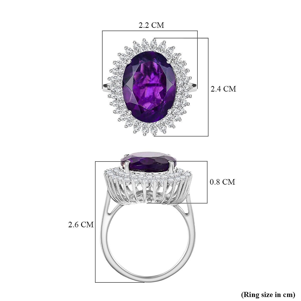 D'Joy African Amethyst & White Zircon Ring in Rhodium Overlay Sterling Silver 9.82 Ct.