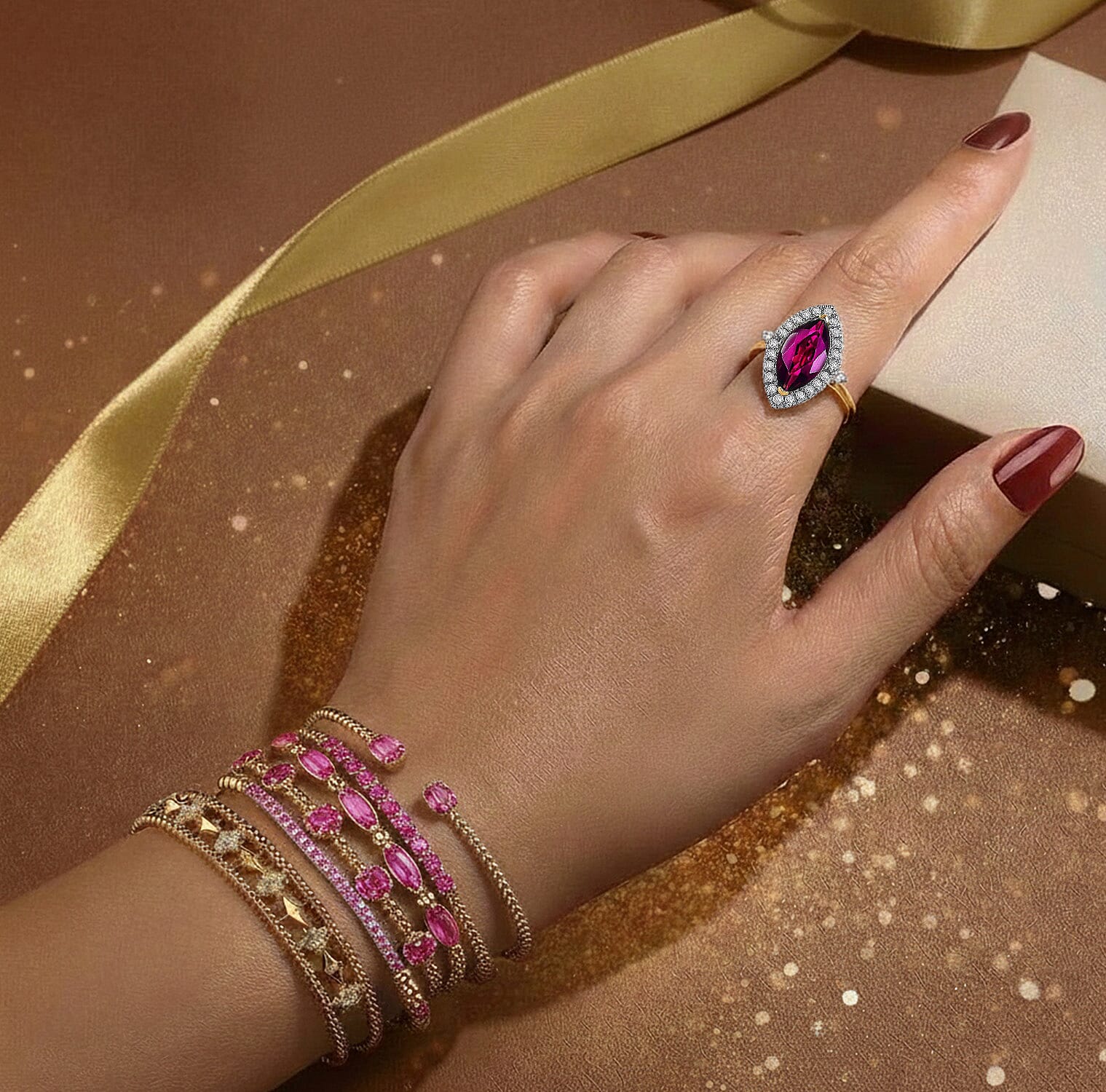 Luxoro 10K Yellow Gold AAA Radiant Ember Garnet, White Diamond I2 Main Stone With Surrounding Stone Ring, Gold Wt.2.93 Gms  1.960  Ct.