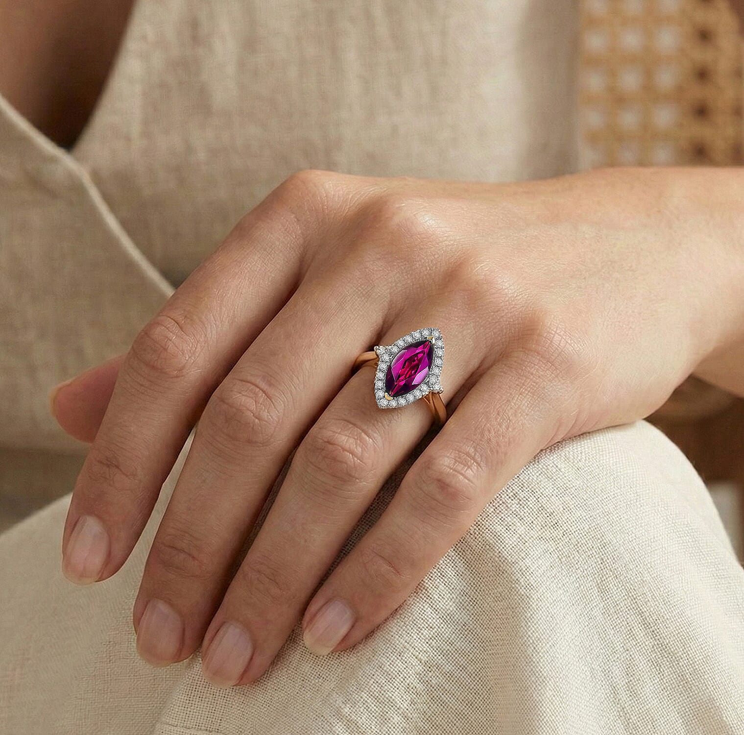 Luxoro 10K Yellow Gold AAA Radiant Ember Garnet, White Diamond I2 Main Stone With Surrounding Stone Ring, Gold Wt.2.93 Gms  1.960  Ct.