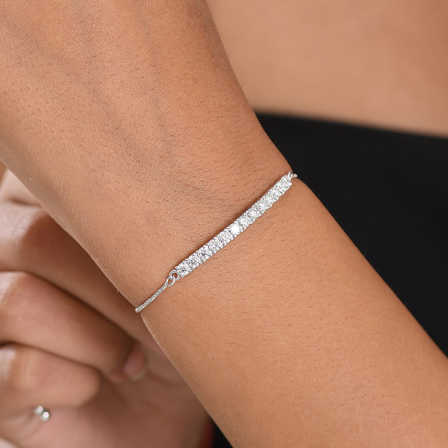 D'Joy Moissanite Bolo Adjustable Bracelet (Size 10.5) in Platinum Overlay Sterling Silver 1.35 Ct.