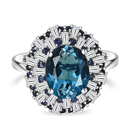 D'Joy London Blue Topaz, Blue Sapphire and Moissanite Double Halo Ring in Rhodium Overlay Sterling Silver 5.56 Ct.