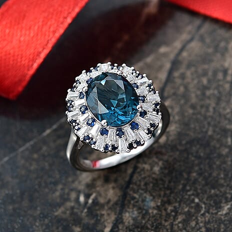 D'Joy London Blue Topaz, Blue Sapphire & Moissanite Ring in Rhodium Overlay Sterling Silver 5.56 Ct.