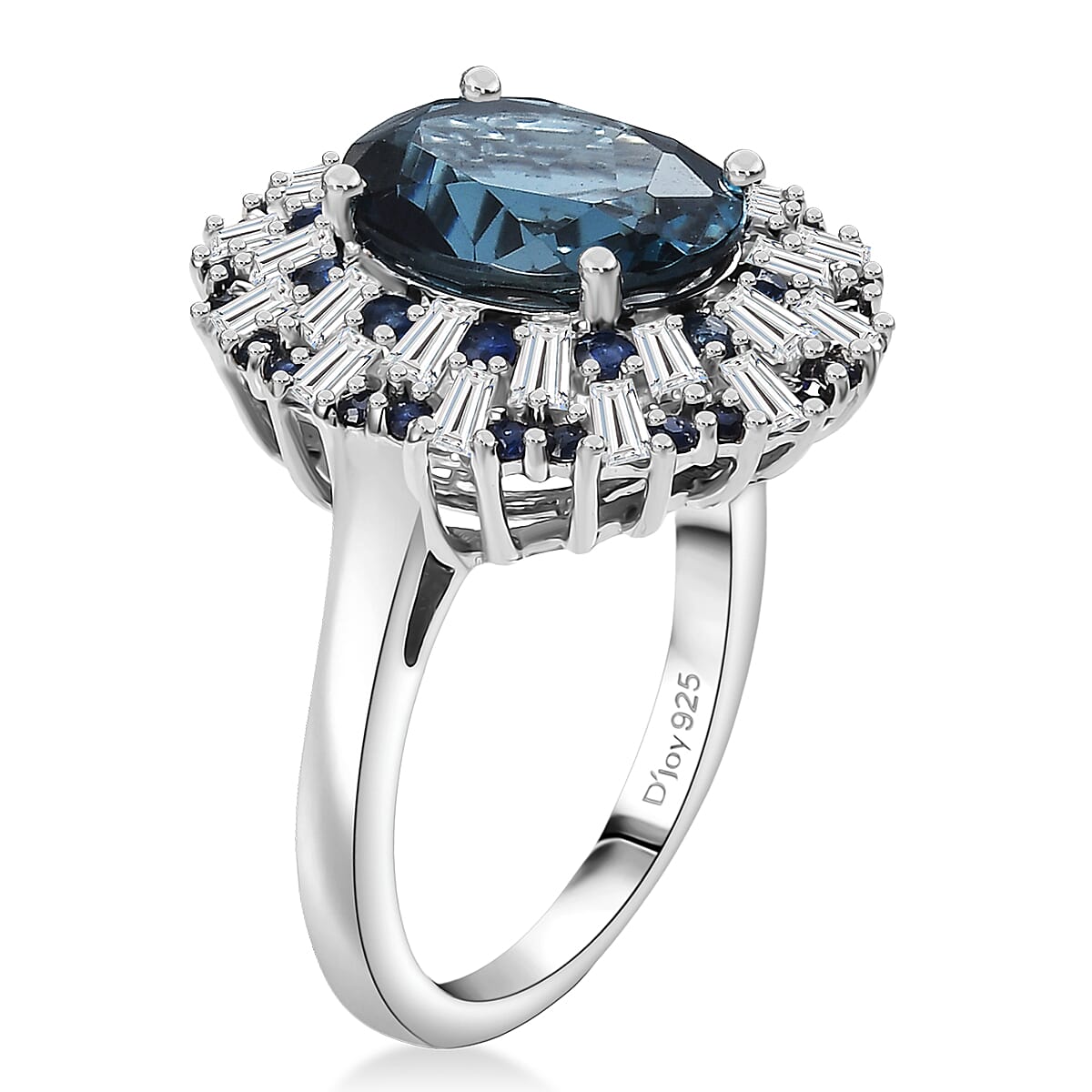 D'Joy London Blue Topaz, Blue Sapphire & Moissanite Ring in Rhodium Overlay Sterling Silver 5.56 Ct.
