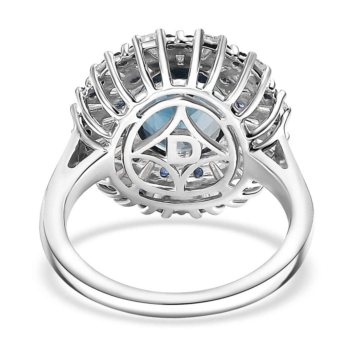 D'Joy London Blue Topaz, Blue Sapphire & Moissanite Ring in Rhodium Overlay Sterling Silver 5.56 Ct.