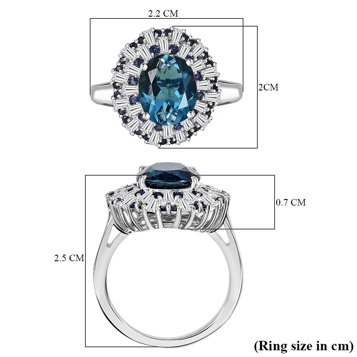 D'Joy London Blue Topaz, Blue Sapphire & Moissanite Ring in Rhodium Overlay Sterling Silver 5.56 Ct.