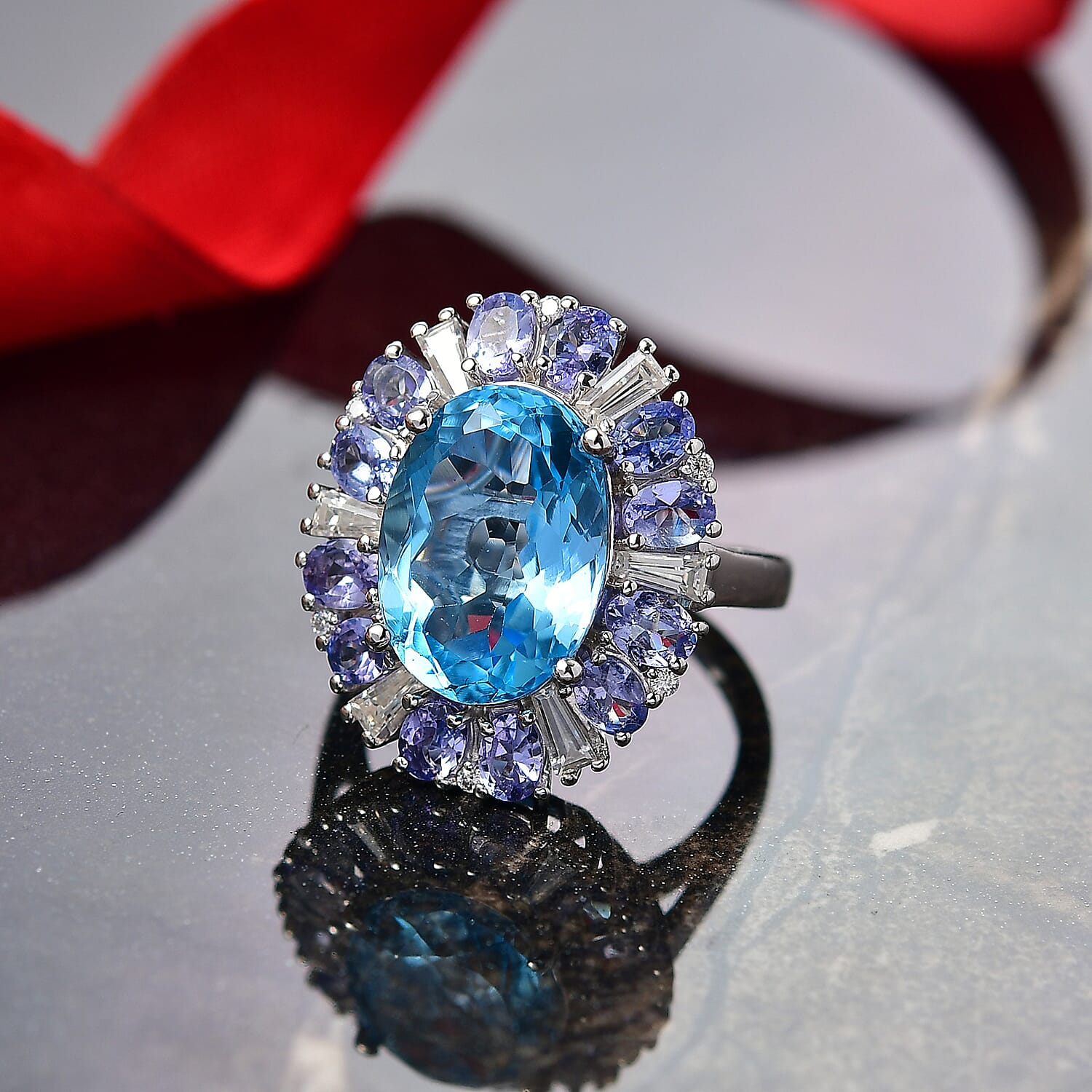 D'Joy Swiss Blue Topaz, Moissanite & Tanzanite Ring in Rhodium Overlay Sterling Silver 9.43 Ct.