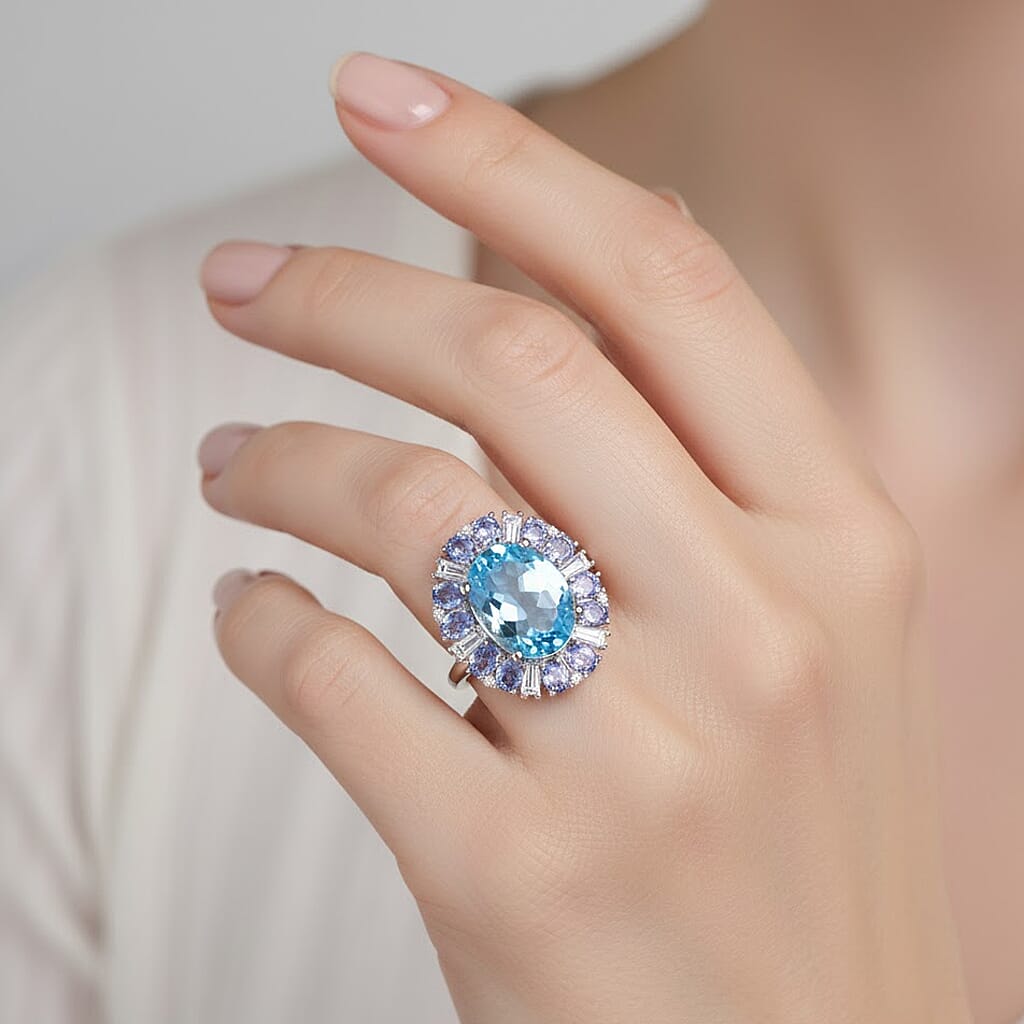 D'Joy Swiss Blue Topaz, Moissanite & Tanzanite Ring in Rhodium Overlay Sterling Silver 9.43 Ct.