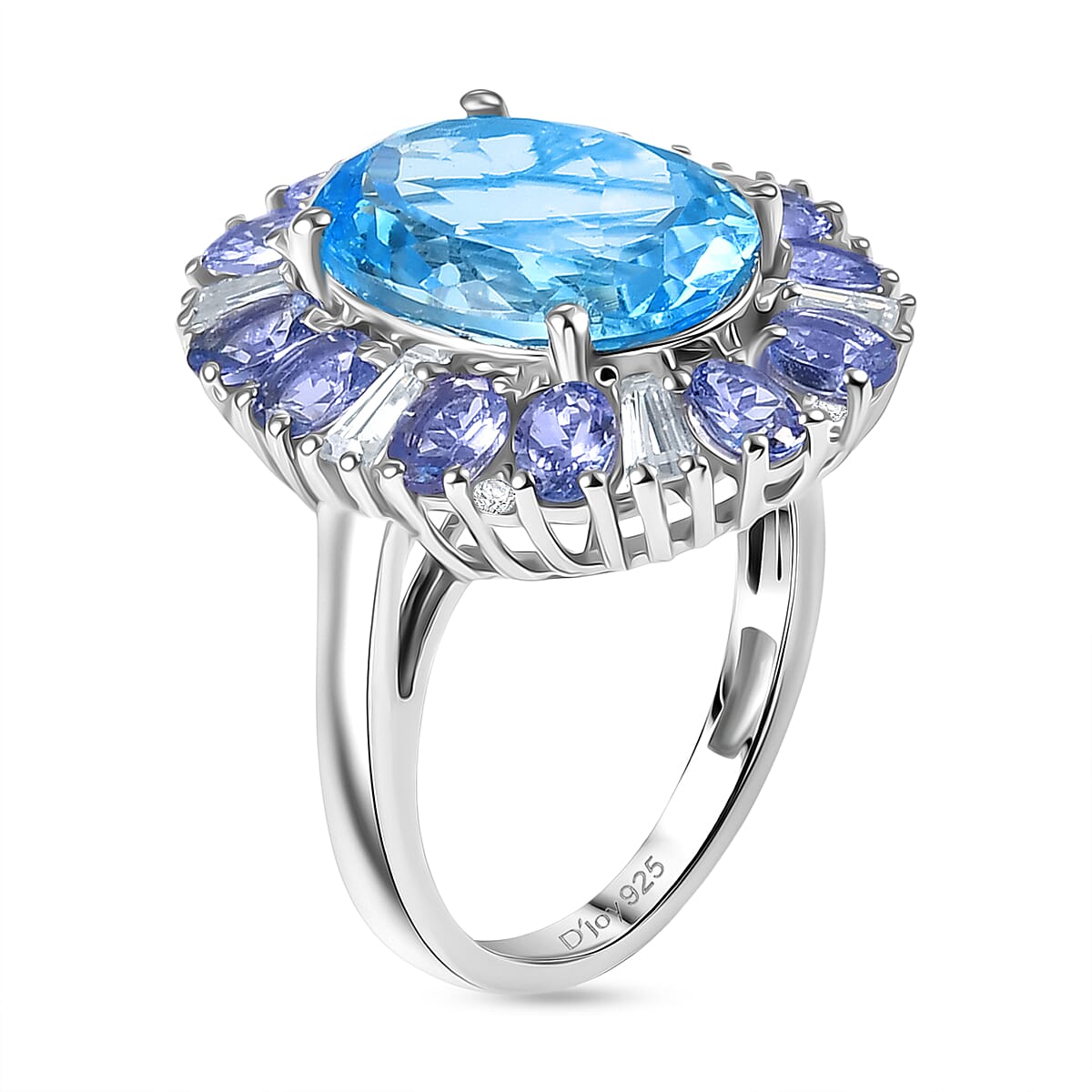D'Joy Swiss Blue Topaz, Moissanite & Tanzanite Ring in Rhodium Overlay Sterling Silver 9.43 Ct.
