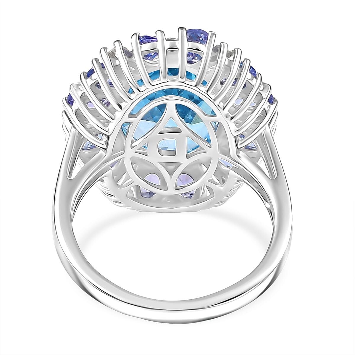 D'Joy Swiss Blue Topaz, Moissanite & Tanzanite Ring in Rhodium Overlay Sterling Silver 9.43 Ct.