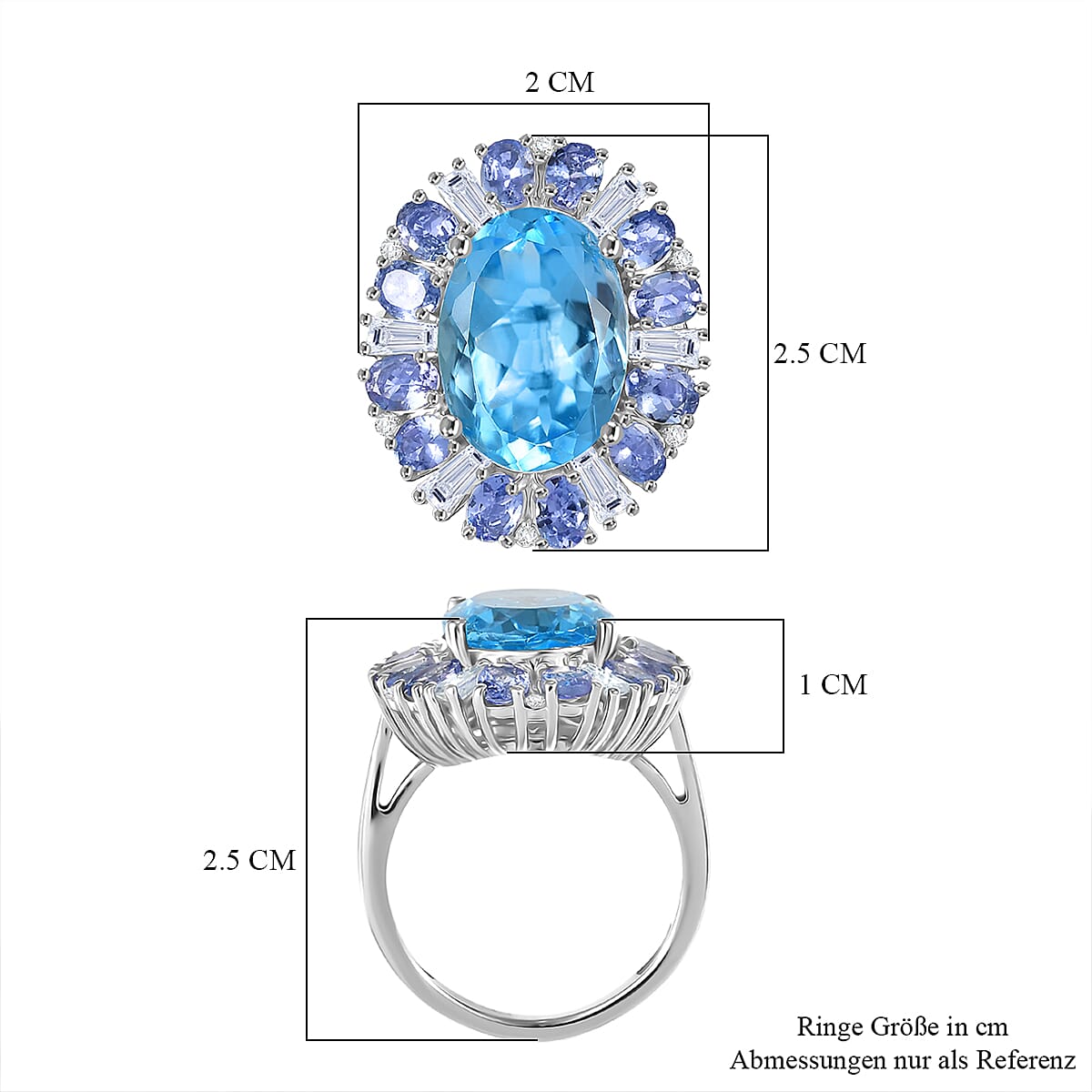D'Joy Swiss Blue Topaz, Moissanite & Tanzanite Ring in Rhodium Overlay Sterling Silver 9.43 Ct.