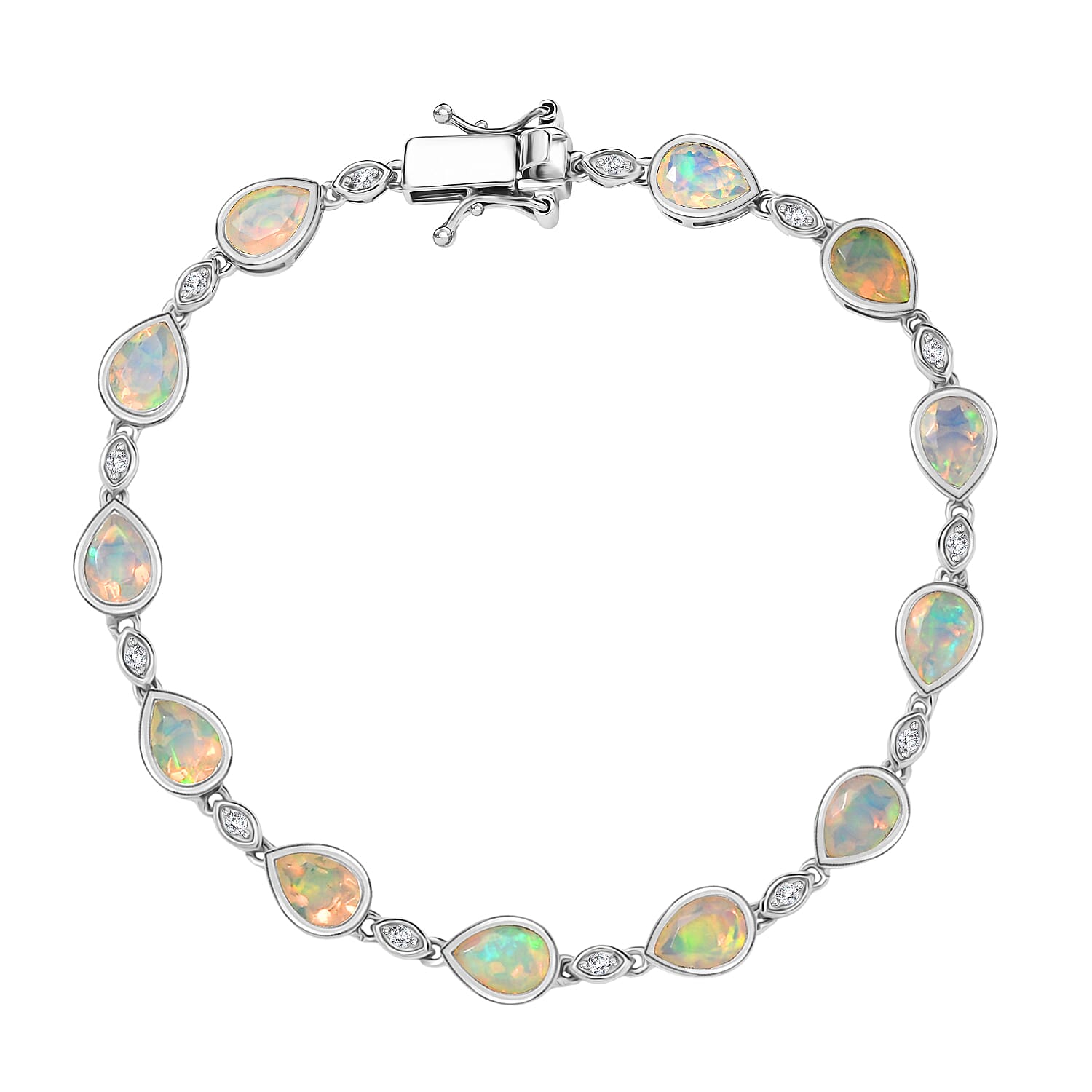 D'Joy Ethiopian Opal & Moissanite Tennis Bracelet 1 Row (Size 7.5) with GB Lock Box in Rhodium Overlay Sterling Silver 6.10 Ct, Silver Wt. 8.74 Gms.