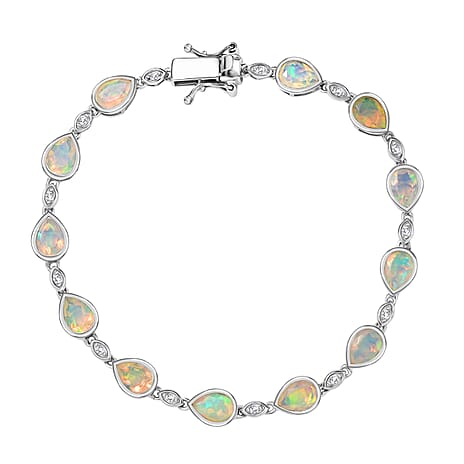 D'Joy Ethiopian Opal & Moissanite Tennis Bracelet 1 Row (Size 7.5) with GB Lock Box in Rhodium Overlay Sterling Silver 6.10 Ct, Silver Wt. 8.74 Gms.