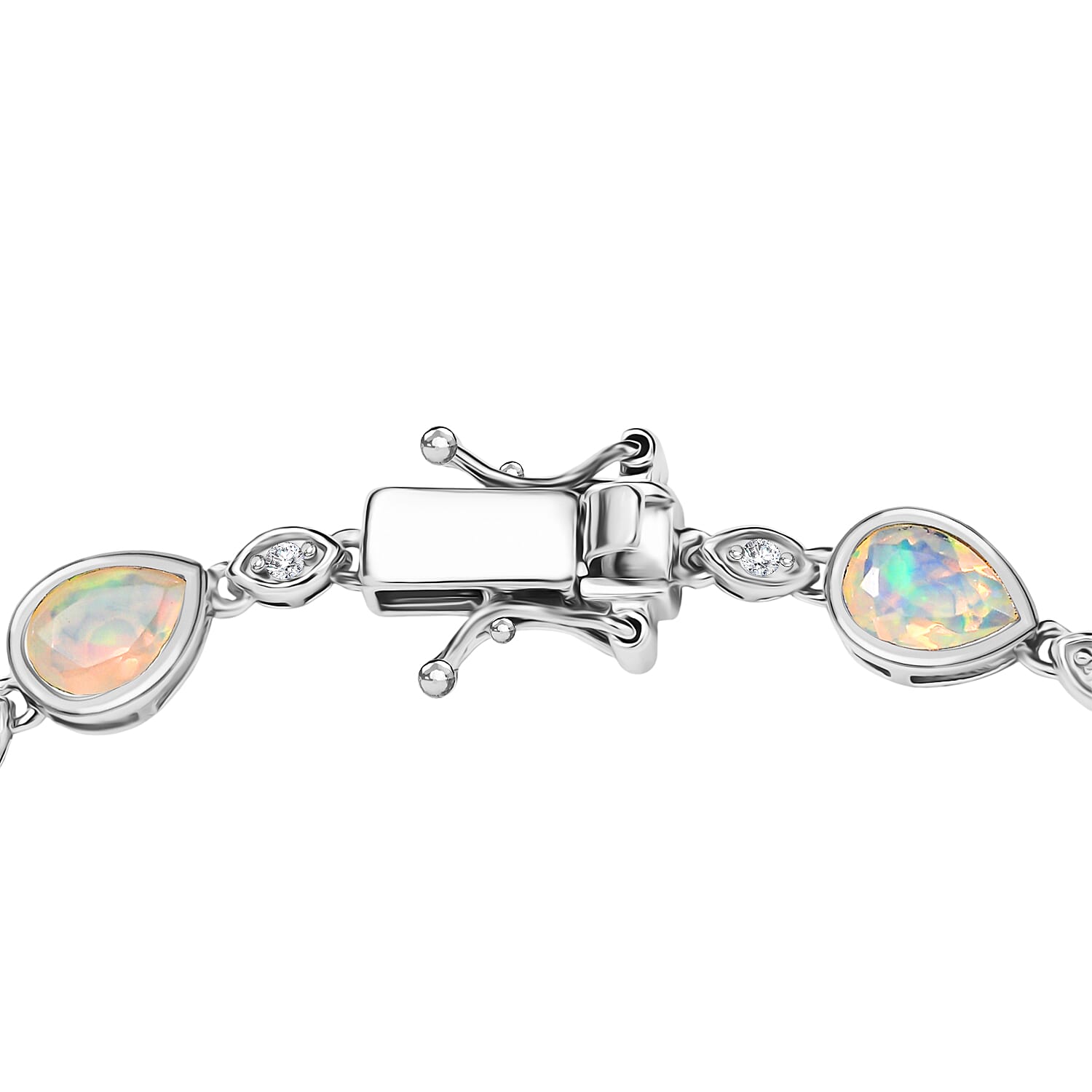 D'Joy Ethiopian Opal & Moissanite Tennis Bracelet 1 Row (Size 7.5) with GB Lock Box in Rhodium Overlay Sterling Silver 6.10 Ct, Silver Wt. 8.74 Gms.