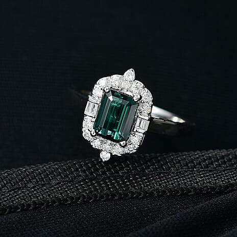 Luxoro AGI Certified & Appraised 10K White Gold AAA Lagoon Tourmaline & Natural White Diamond Ring 1.77 Ct.