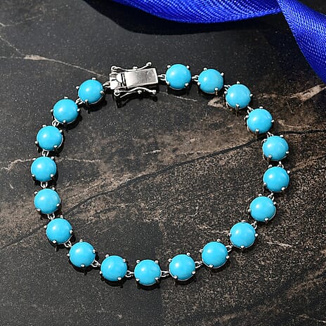 D'Joy Sleeping Beauty Turquoise Tennis Bracelet (Size 7.5) with GB Lock Box in Rhodium Overlay Sterling Silver 21.53 Ct, Silver Wt. 8.26 Gms