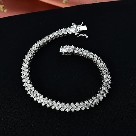Luxuriant Lab Grown Diamond (SI-GH) Three Row Bracelet (Size 7.5) with GB Lock Box in Rhodium Overlay Sterling Silver 7.29 Ct, Silver Wt. 15.60 Gms.