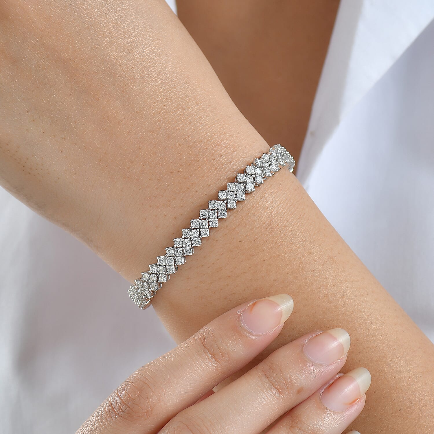 Luxuriant Lab Grown Diamond (SI-GH) Three Row Bracelet (Size 7.5) with GB Lock Box in Rhodium Overlay Sterling Silver 7.29 Ct, Silver Wt. 15.60 Gms.