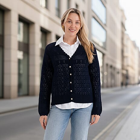 - Maisi 100% Cotton Lace V-Neck Button-Down Cardigan (Size M) - Navy