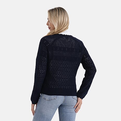 - Maisi 100% Cotton Lace V-Neck Button-Down Cardigan (Size M) - Navy
