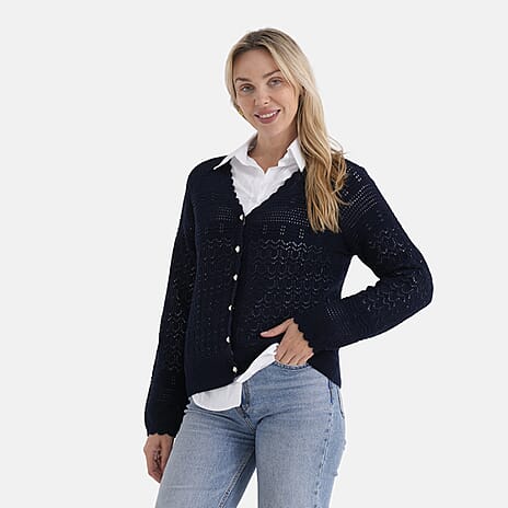 - Maisi 100% Cotton Lace V-Neck Button-Down Cardigan (Size M) - Navy