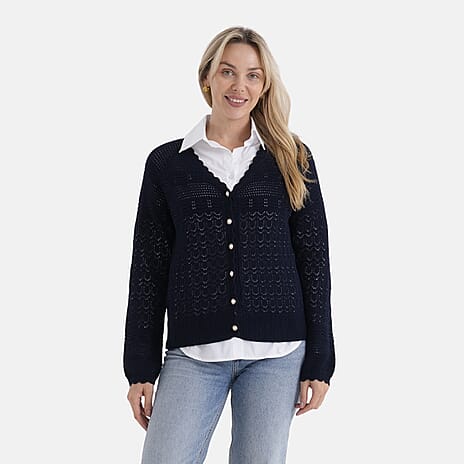 - Maisi 100% Cotton Lace V-Neck Button-Down Cardigan (Size L) - Navy