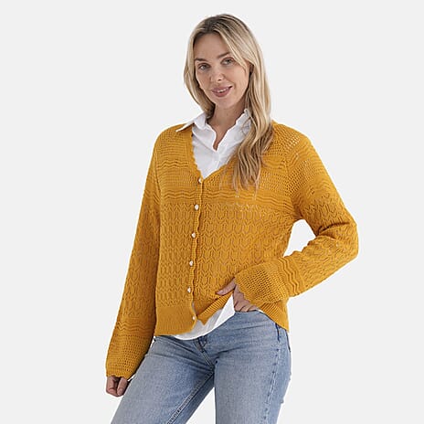 - Maisi 100% Cotton Lace V-Neck Button-Down Cardigan (Size L) - Yellow
