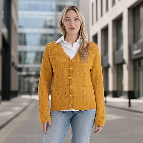 - Maisi 100% Cotton Lace V-Neck Button-Down Cardigan (Size XL) - Yellow