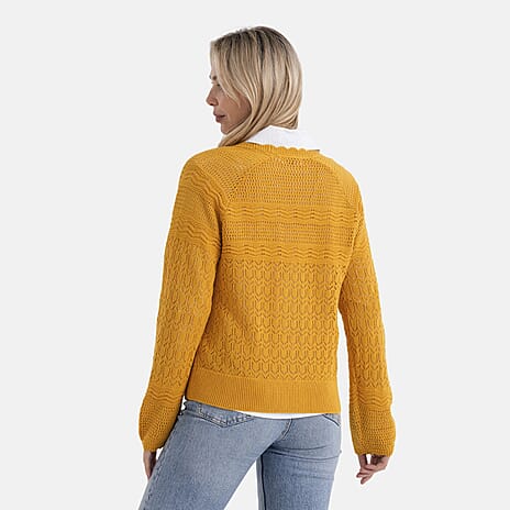 - Maisi 100% Cotton Lace V-Neck Button-Down Cardigan (Size XL) - Yellow