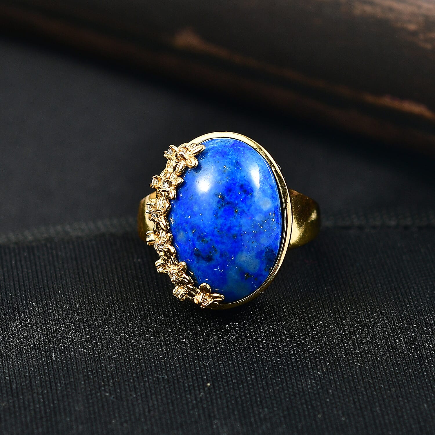 EverTrue Lapis Lagoon & White Zircon Star Cluster Flower Ring in Yellow Gold Tone 15.36 Ct.