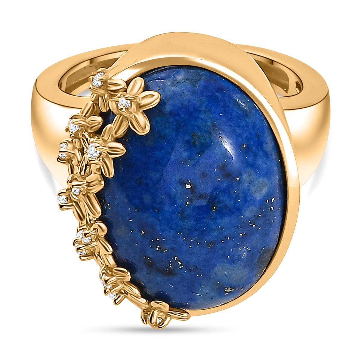 Lapis Lagoon & White Zircon Star Cluster Flower Ring in Yellow Gold Tone 15.36 Ct.