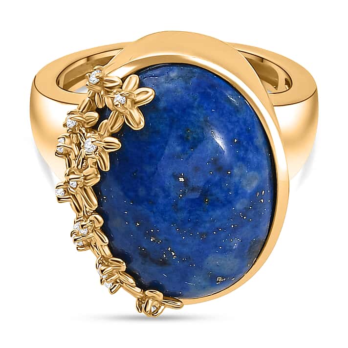 Lapis Lagoon & White Zircon Star Cluster Flower Ring in Yellow Gold Tone 15.36 Ct.