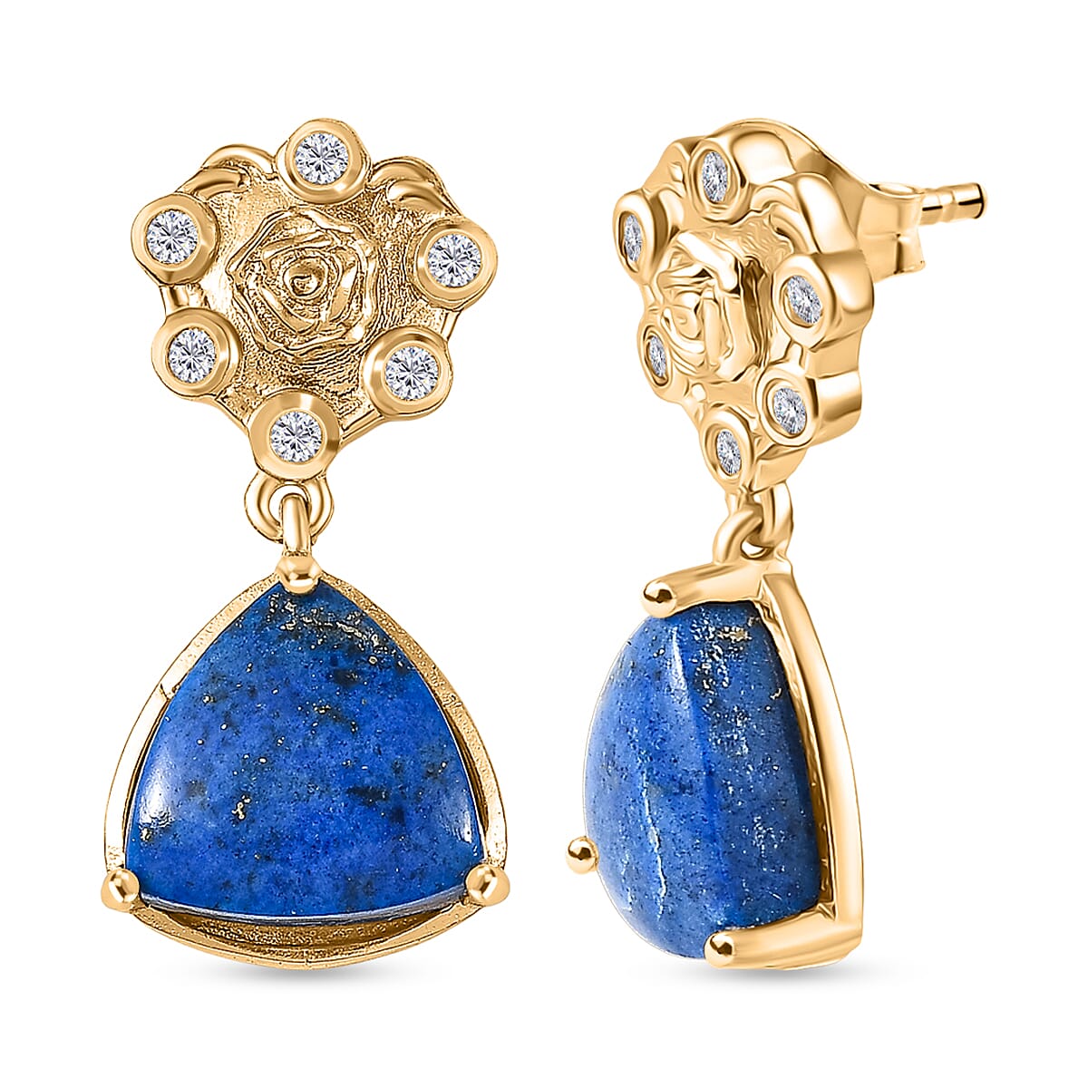 EverTrue Lapis Lagoon & White Zircon Solitaire Stud Push Post Earring in Yellow Gold Tone 9.38 Ct.