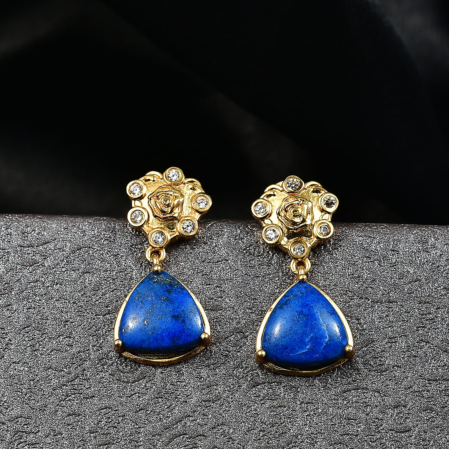 EverTrue Lapis Lagoon & White Zircon Solitaire Stud Push Post Earring in Yellow Gold Tone 9.38 Ct.