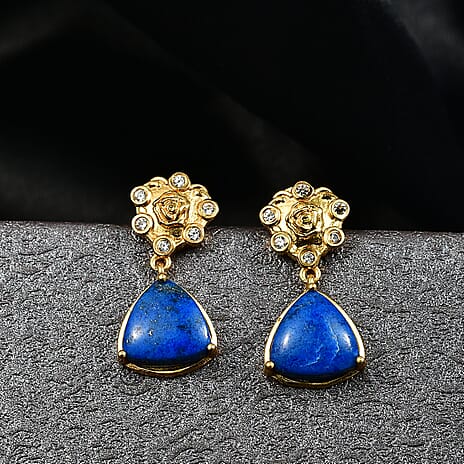 Lapis Lagoon & White Zircon Solitaire Stud Push Post Earring in Yellow Gold Tone 9.38 Ct.