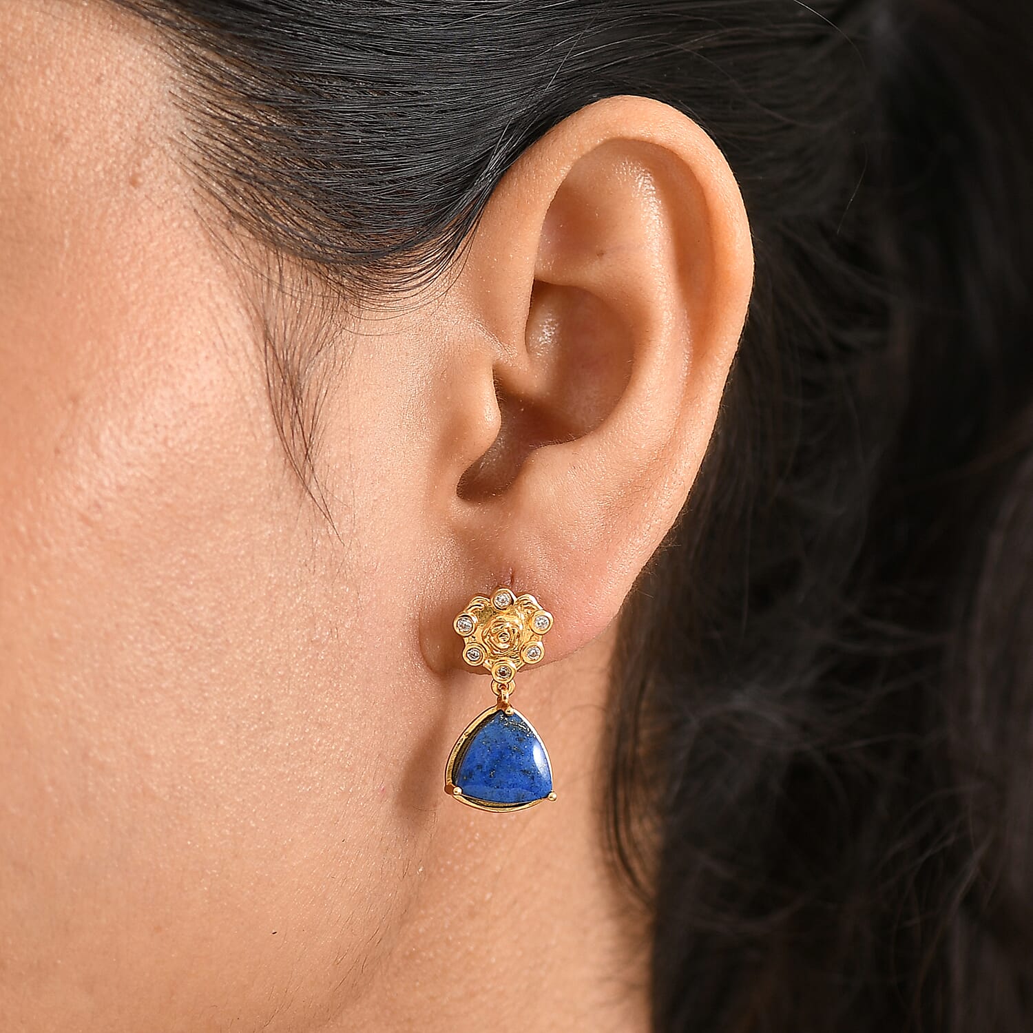EverTrue Lapis Lagoon & White Zircon Solitaire Stud Push Post Earring in Yellow Gold Tone 9.38 Ct.
