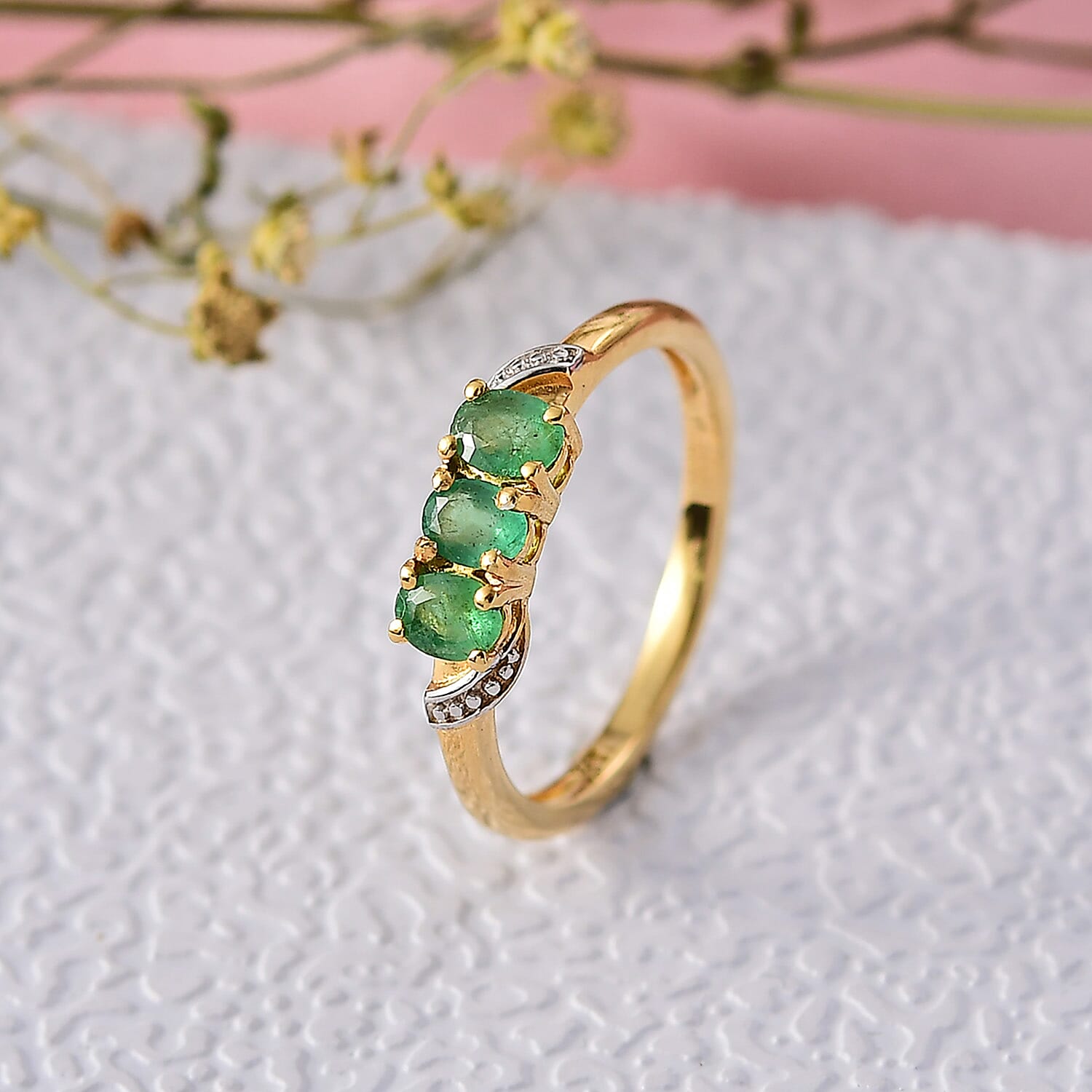 Emerald 3 Stone Ring in 18K Yellow Gold Plated Sterling Silver