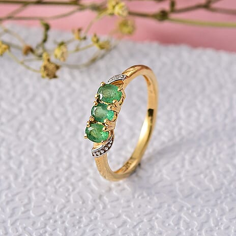 Emerald 3 Stone Ring in 18K Yellow Gold Plated Sterling Silver