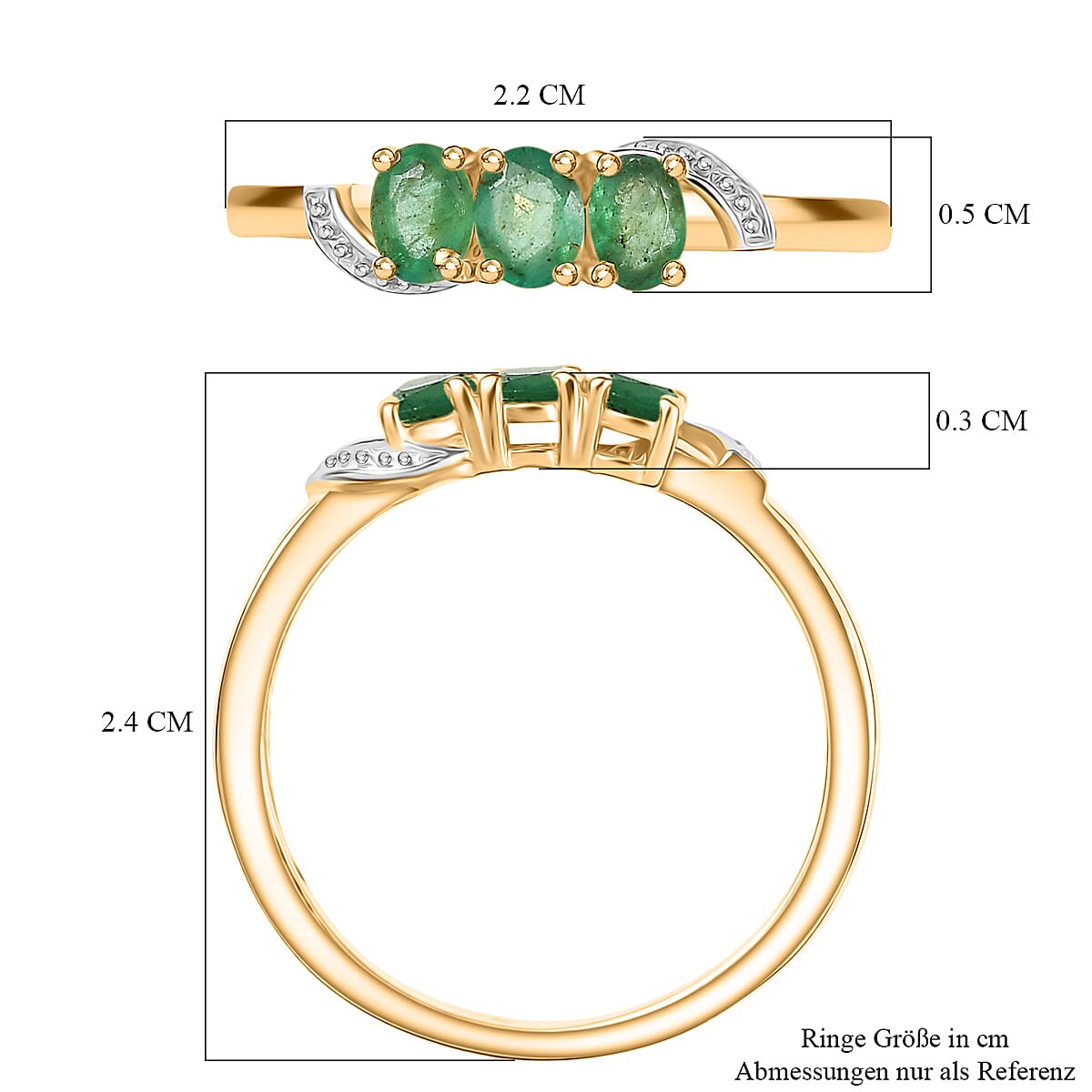 Emerald 3 Stone Ring in 18K Yellow Gold Plated Sterling Silver
