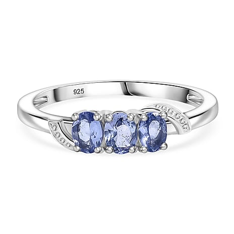 Tanzanite 3 Stone Ring in Platinum Overlay Sterling Silver