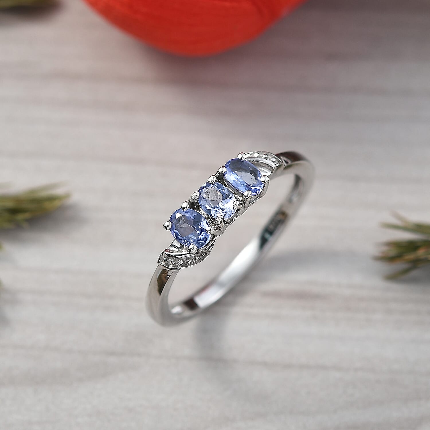 Tanzanite 3 Stone Ring in Platinum Overlay Sterling Silver