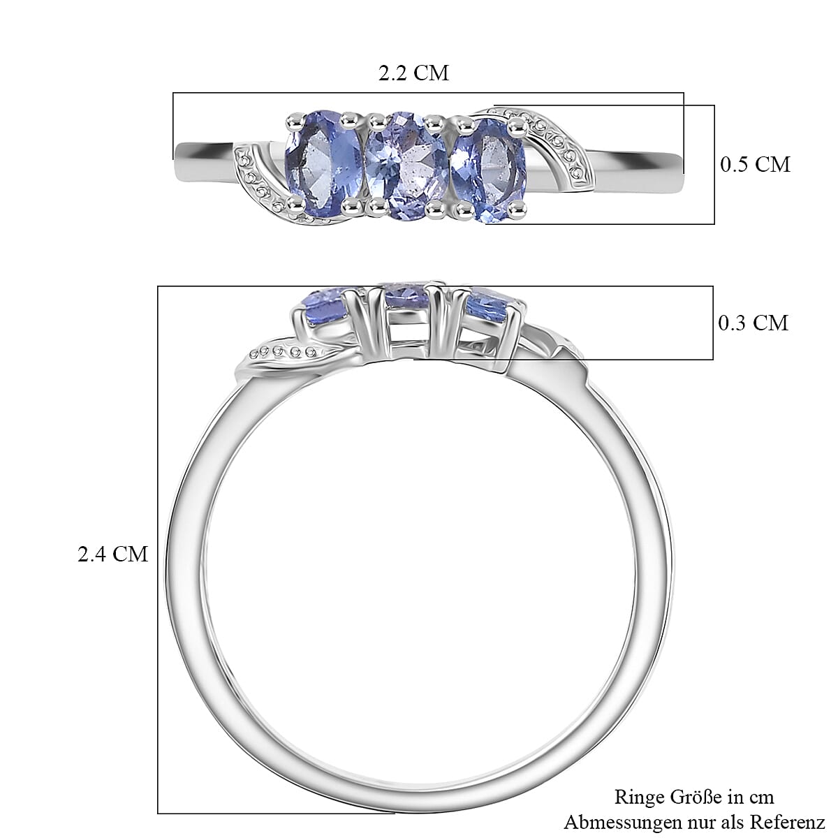 Tanzanite 3 Stone Ring in Platinum Overlay Sterling Silver