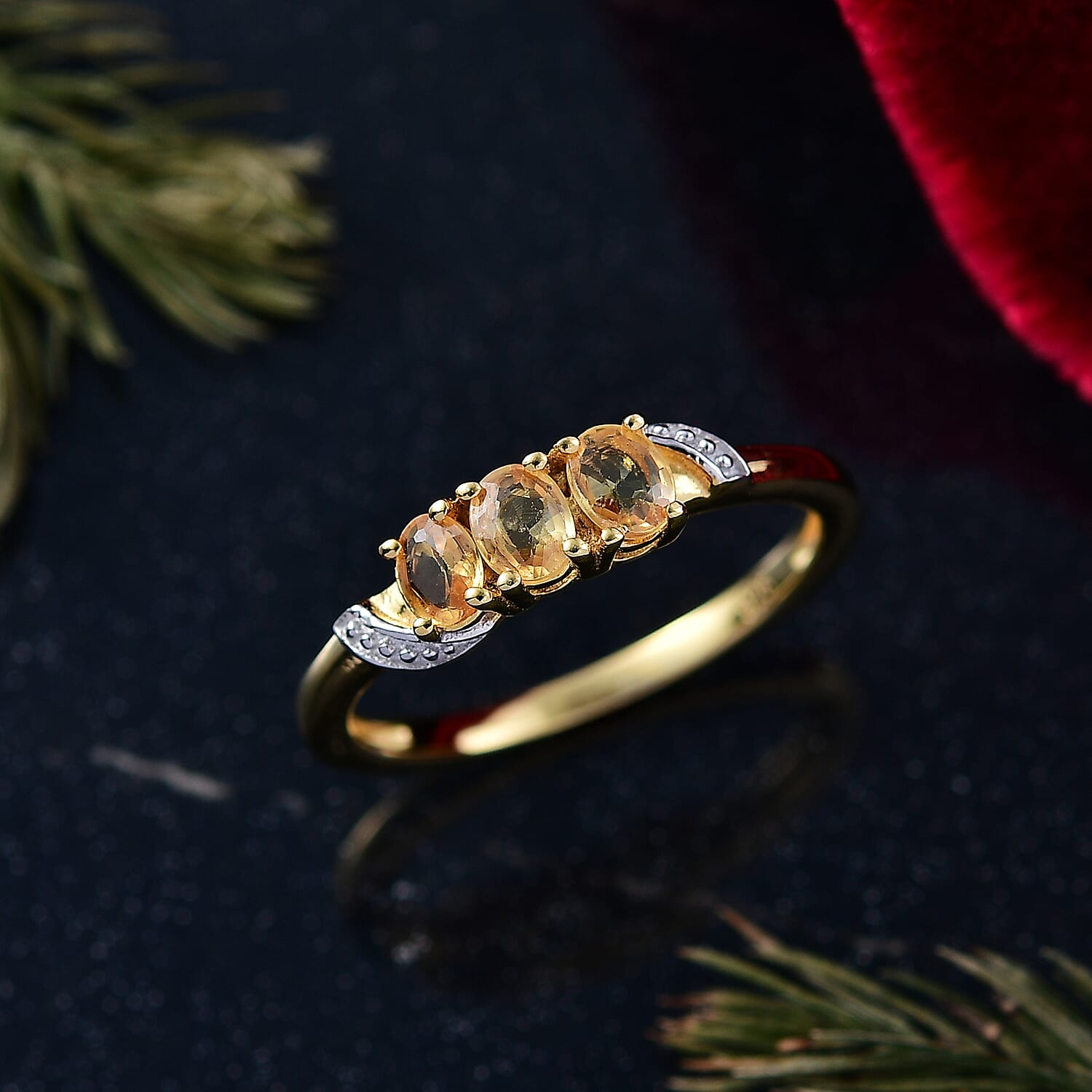 Chantaburi Yellow Sapphire 3 Stone Ring in 18K Yellow Gold Plated Sterling Silver