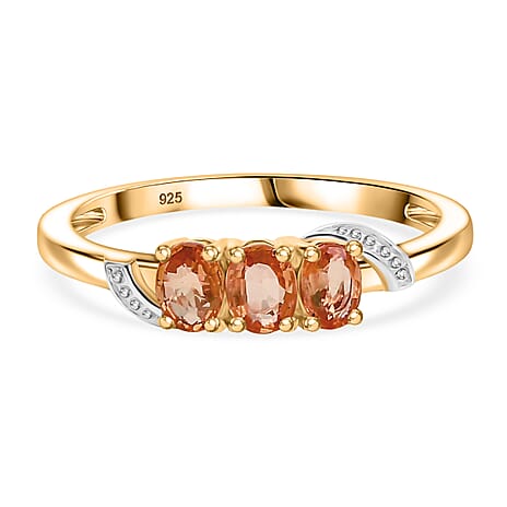 Orange Sapphire 3 Stone Ring in 18K Yellow Gold Plated Sterling Silver