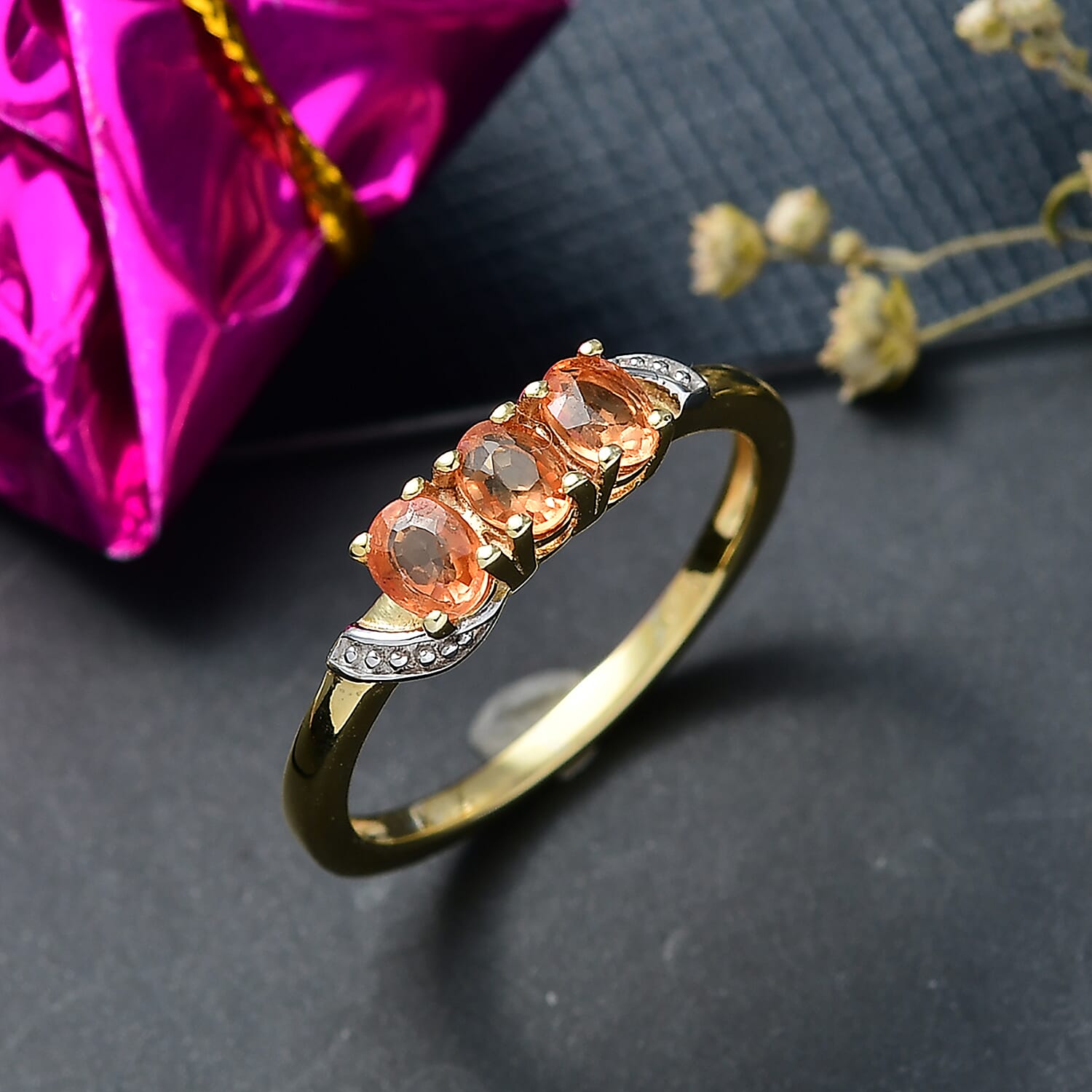 Orange Sapphire 3 Stone Ring in 18K Yellow Gold Plated Sterling Silver