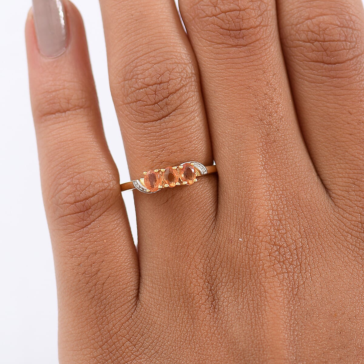 Orange Sapphire 3 Stone Ring in 18K Yellow Gold Plated Sterling Silver