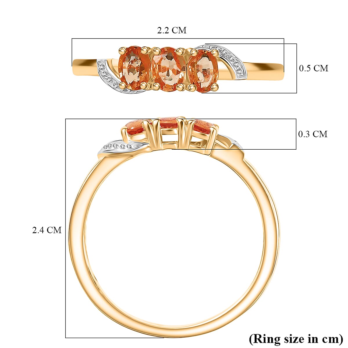 Orange Sapphire 3 Stone Ring in 18K Yellow Gold Plated Sterling Silver