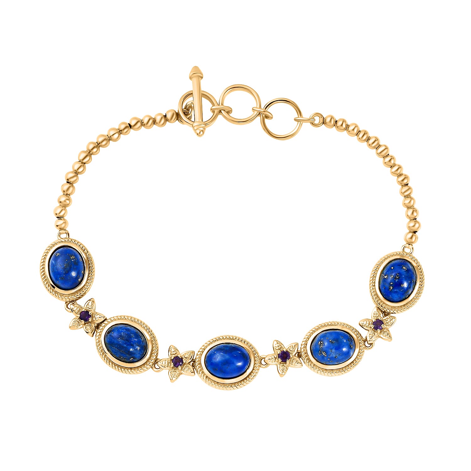 EverTrue Lapis Lagoon & African Amethyst Cluster Bracelet (Size - 7.5) in Yellow Gold Tone 12.50 Ct.